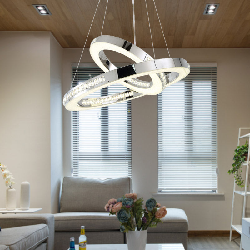 Sleek Chrome Pendant Ceiling Light with Crystal LED Chandelier, in Warm/White/Natural Light, Various Sizes Available