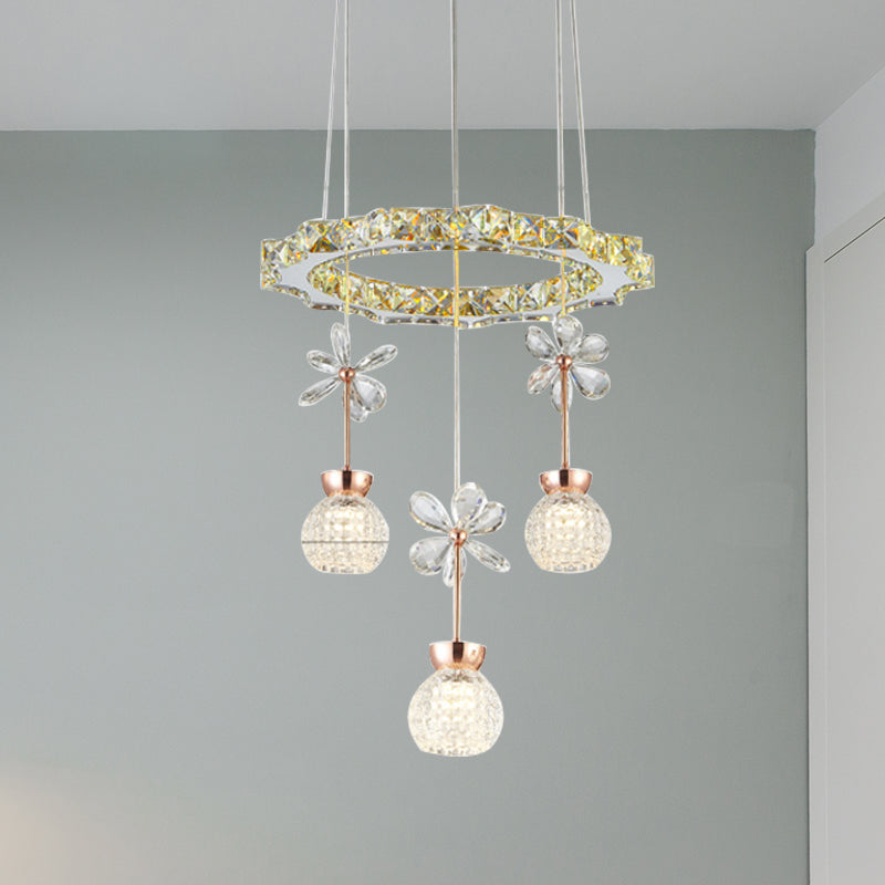 Contemporary Chandelier Pendant Light with Crystal Shade - Modern Chrome Circle/Gear Design (1/3/5 Heads)
