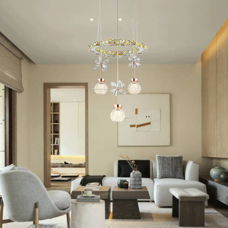 Contemporary Chandelier Pendant Light with Crystal Shade - Modern Chrome Circle/Gear Design (1/3/5 Heads)