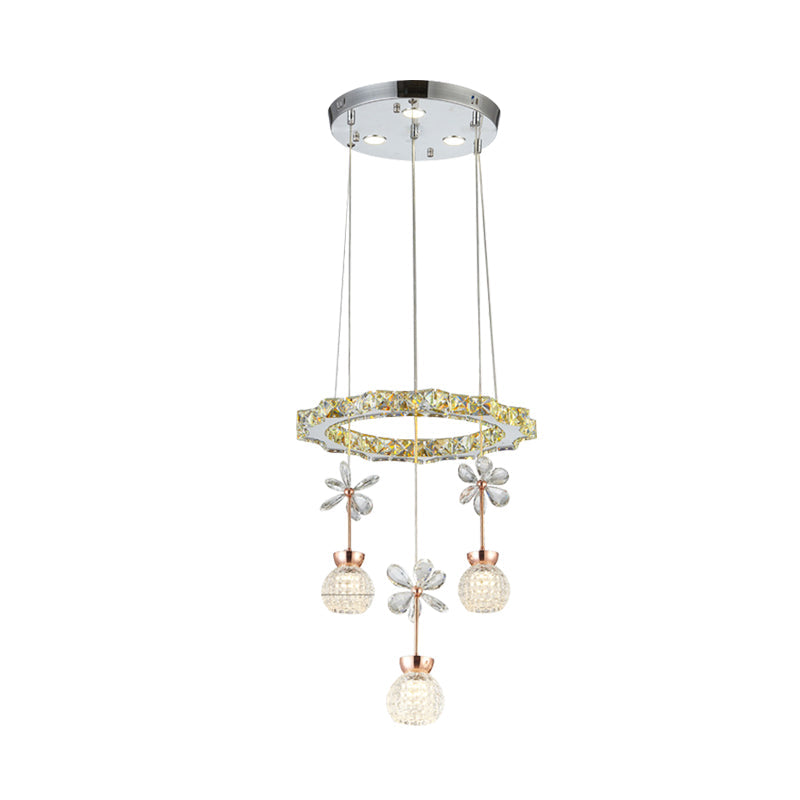 Contemporary Chandelier Pendant Light with Crystal Shade - Modern Chrome Circle/Gear Design (1/3/5 Heads)