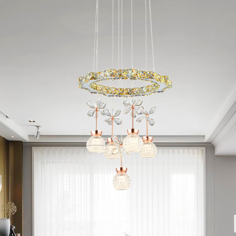 Contemporary Chandelier Pendant Light with Crystal Shade - Modern Chrome Circle/Gear Design (1/3/5 Heads)