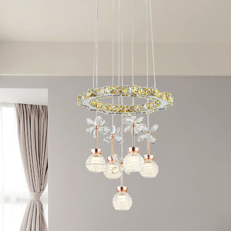 Contemporary Chandelier Pendant Light with Crystal Shade - Modern Chrome Circle/Gear Design (1/3/5 Heads)