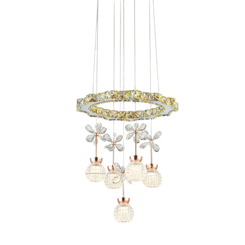 Contemporary Chandelier Pendant Light with Crystal Shade - Modern Chrome Circle/Gear Design (1/3/5 Heads)