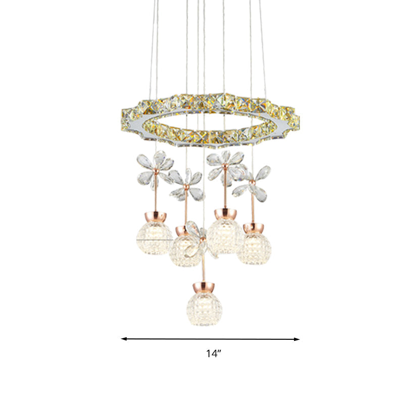 Contemporary Chandelier Pendant Light with Crystal Shade - Modern Chrome Circle/Gear Design (1/3/5 Heads)