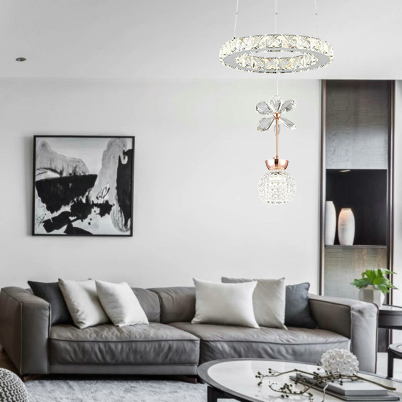 Contemporary Chandelier Pendant Light with Crystal Shade - Modern Chrome Circle/Gear Design (1/3/5 Heads)