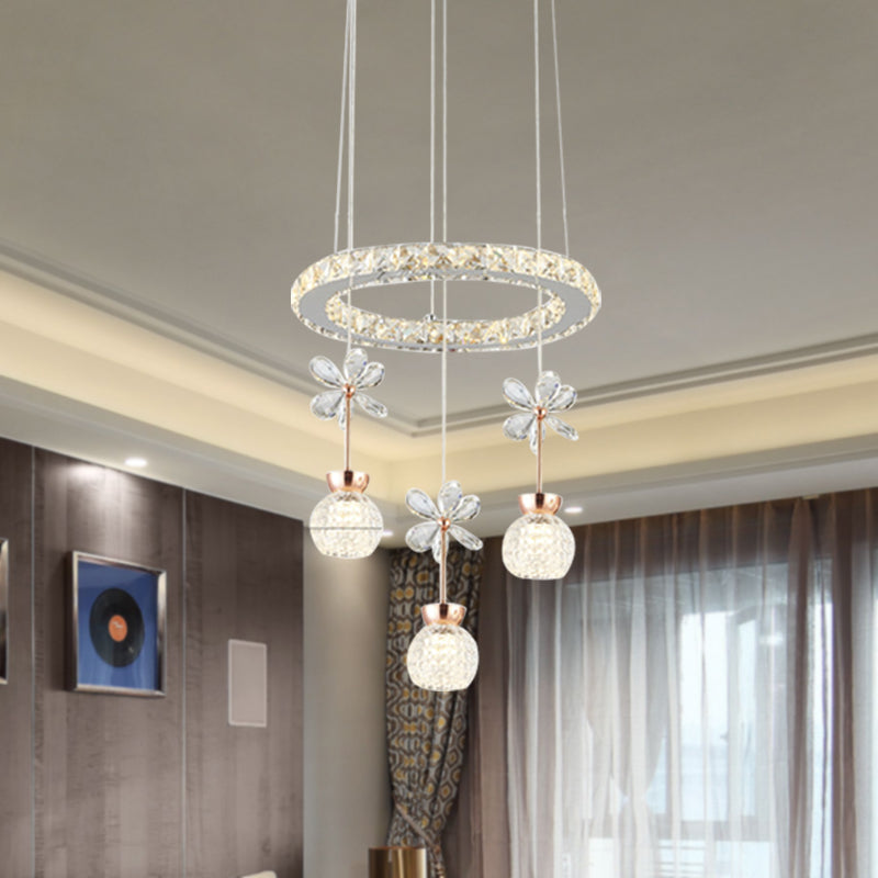Contemporary Chandelier Pendant Light with Crystal Shade - Modern Chrome Circle/Gear Design (1/3/5 Heads)