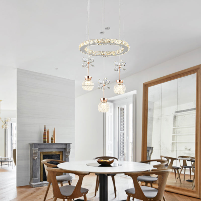 Contemporary Chandelier Pendant Light with Crystal Shade - Modern Chrome Circle/Gear Design (1/3/5 Heads)