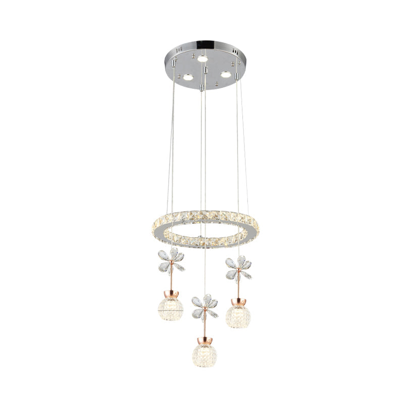 Contemporary Chandelier Pendant Light with Crystal Shade - Modern Chrome Circle/Gear Design (1/3/5 Heads)