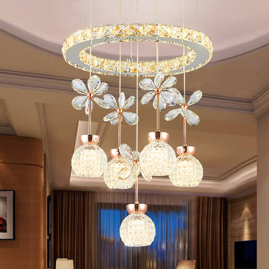 Contemporary Chandelier Pendant Light with Crystal Shade - Modern Chrome Circle/Gear Design (1/3/5 Heads)