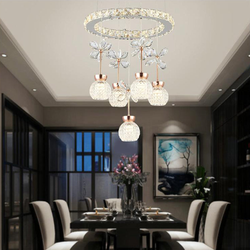 Contemporary Chandelier Pendant Light with Crystal Shade - Modern Chrome Circle/Gear Design (1/3/5 Heads)
