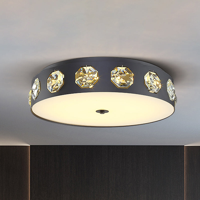 Modern Crystal LED Flush Light in Grey Drum Shape - Ideal for Living Room Ceiling - 18"/21.5" Dia