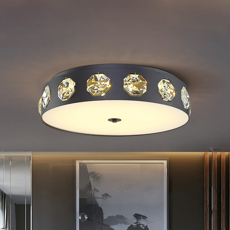 Modern Crystal LED Flush Light in Grey Drum Shape - Ideal for Living Room Ceiling - 18"/21.5" Dia