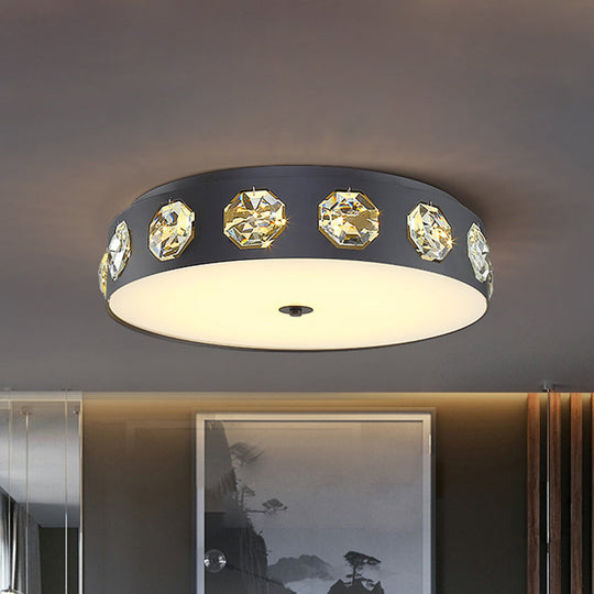 Modern Crystal LED Flush Light in Grey Drum Shape - Ideal for Living Room Ceiling - 18"/21.5" Dia