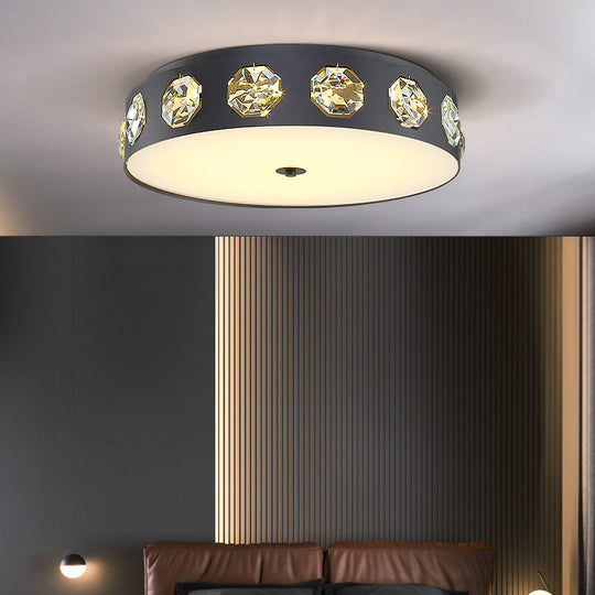 Modern Crystal LED Flush Light in Grey Drum Shape - Ideal for Living Room Ceiling - 18"/21.5" Dia