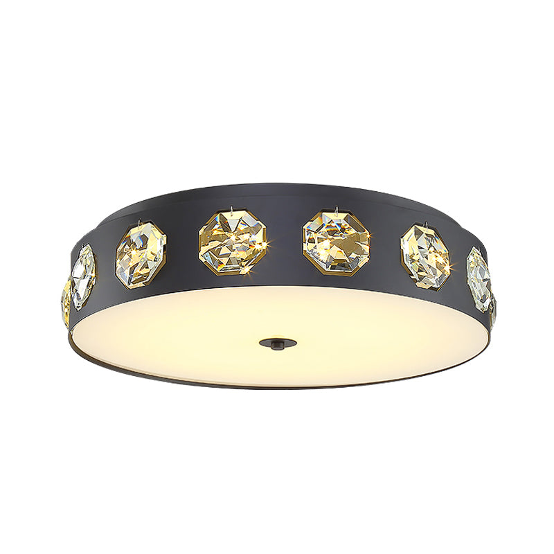 Modern Crystal Led Flush Light In Grey Drum Shape - Ideal For Living Room Ceiling 18/21.5 Dia
