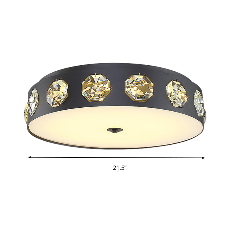 Modern Crystal LED Flush Light in Grey Drum Shape - Ideal for Living Room Ceiling - 18"/21.5" Dia