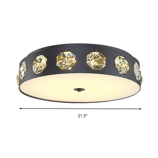 Modern Crystal LED Flush Light in Grey Drum Shape - Ideal for Living Room Ceiling - 18"/21.5" Dia