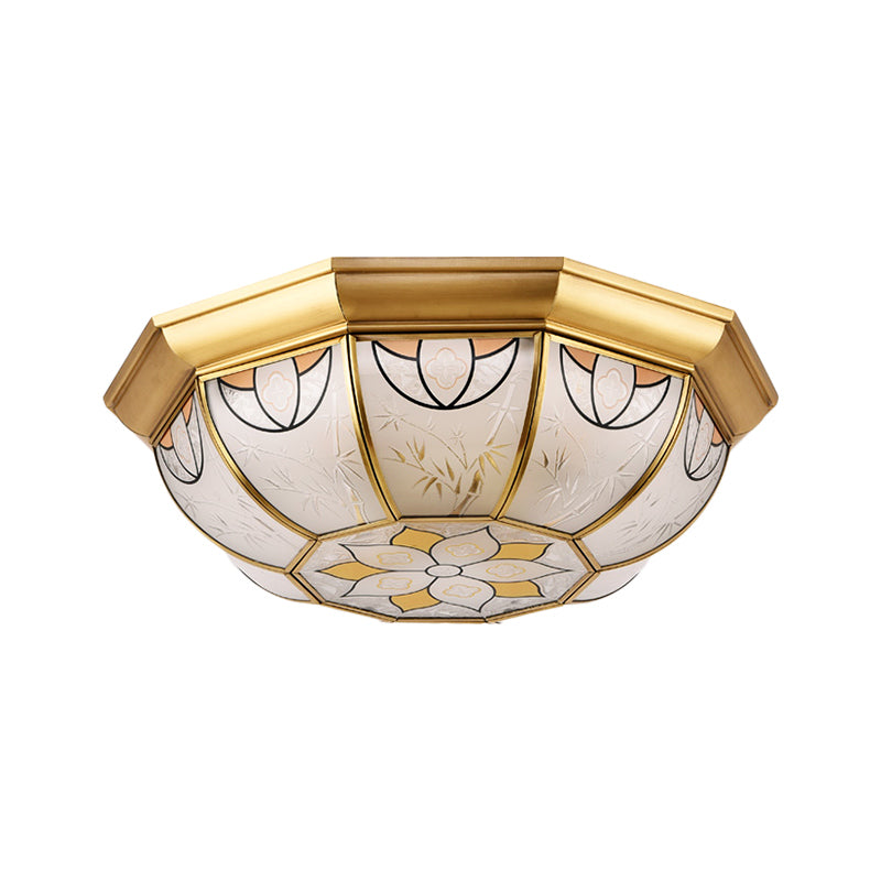Dining Room Ceiling Light Fixture - 4-Light Flush Mount In Colonial Brass With Frosted Glass