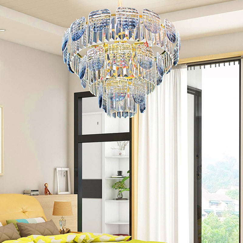 Modern Clear Faceted Crystal Tiered Hanging Light Kit with Light Blue Pendant Chandelier (5/10 Lights)