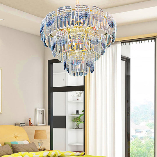 Modern Clear Faceted Crystal Tiered Hanging Light Kit with Light Blue Pendant Chandelier (5/10 Lights)