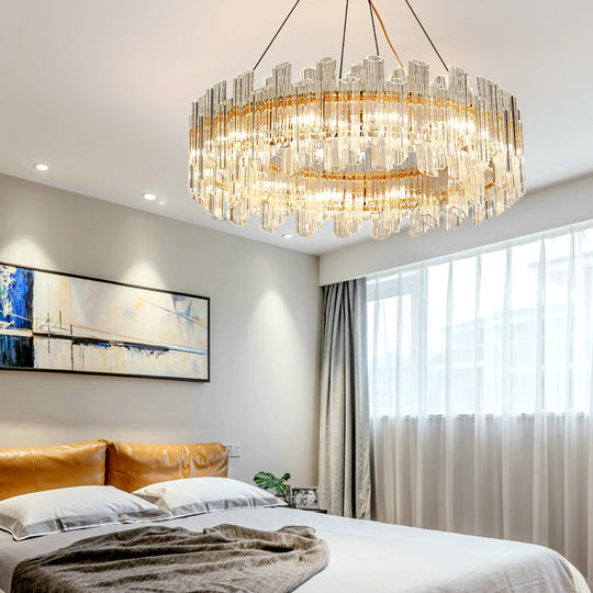 Modern Clear Crystal Drum Chandelier - Elegant 8/12 Light Gold LED Ceiling Lamp - Ideal for Living Room Styling