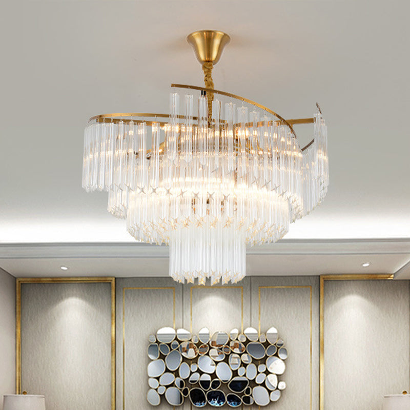 Gold Led Pendant Chandelier With Crystal Rod Shade - 8-Bulb Tiered Light Fixture For Living Room