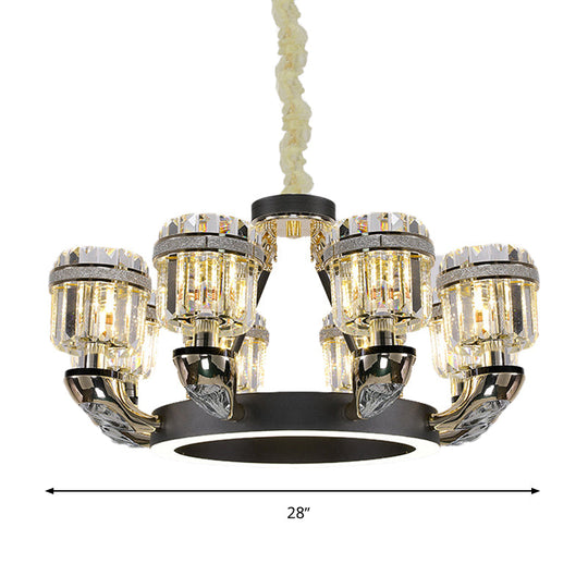 Black Led Beveled Crystal Cylinder Chandelier - Traditional Pendant Lighting For Bedroom