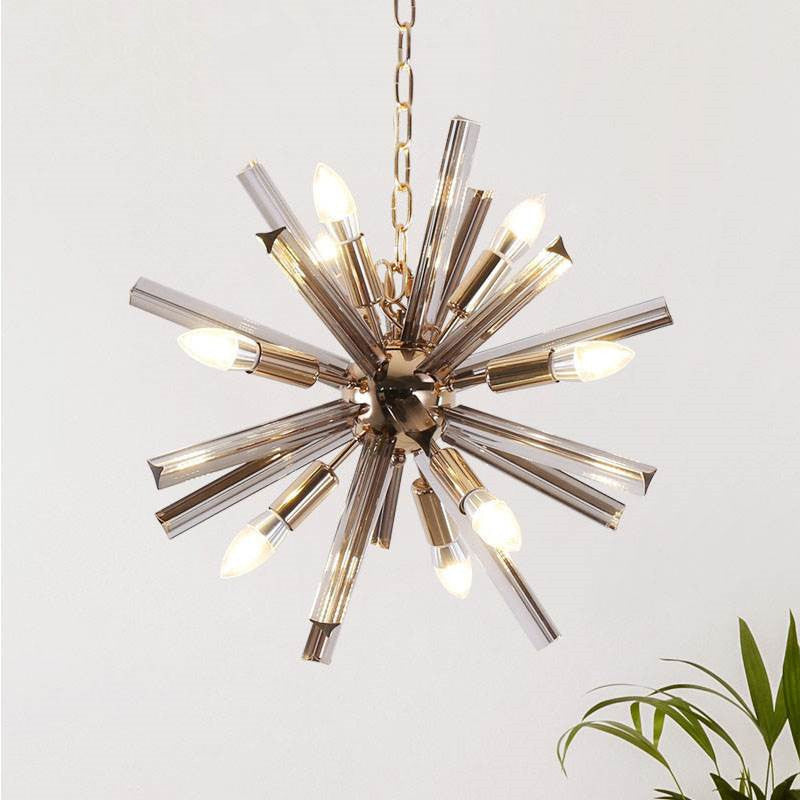 Modern Brass Starburst Chandelier - 9-Light Living Room Pendant With Crystal Beveled Shade