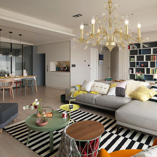 Modern Crystal Pendant Chandelier - Brass Hanging Light with Candle Bulbs, 22"/27.5"/31.5" W