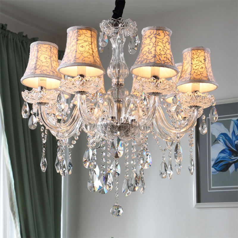 Modernist Bell Chandelier – Clear Crystal Pendant, 6/8 Bulbs, 23"/28" Wide, Beige