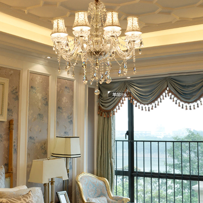 Modernist Bell Chandelier – Clear Crystal Pendant, 6/8 Bulbs, 23"/28" Wide, Beige