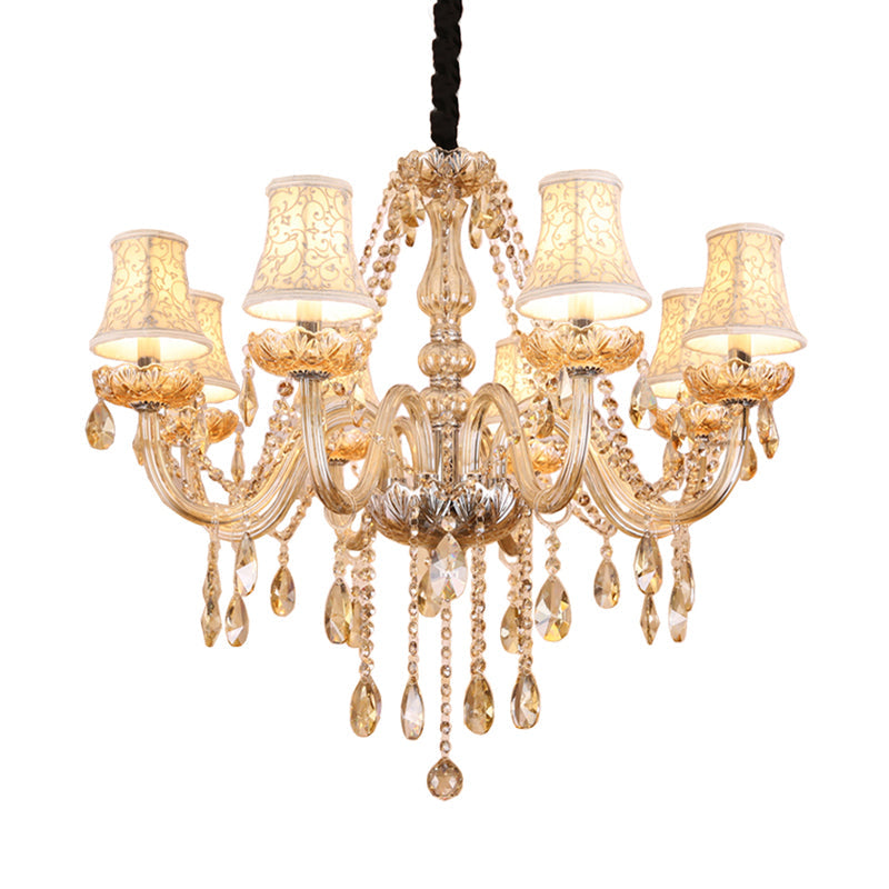 Modernist Bell Chandelier – Clear Crystal Pendant, 6/8 Bulbs, 23"/28" Wide, Beige
