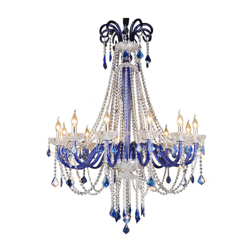 Modern Blue Crystal Candle Chandelier | 12-Light Hanging Ceiling Lamp for Balcony