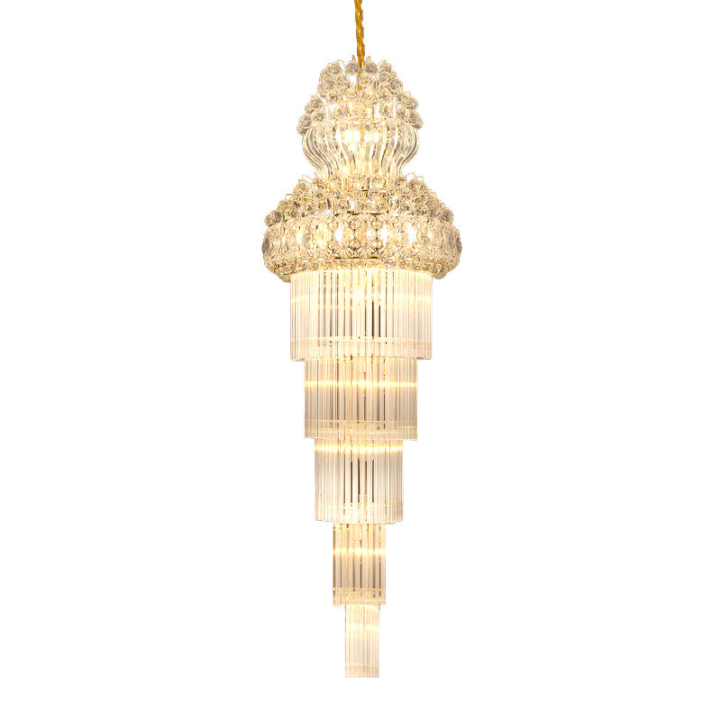 Gold Crystal Rod Stairway Chandelier Pendant Light - 12 Heads Suspension Lamp