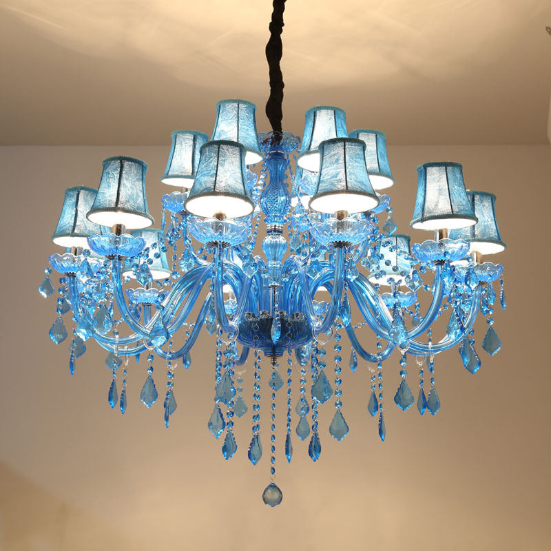 Modern Crystal Pendant Chandelier With Blue Hanging Light - 6/18 Bulbs Candle/Bell Design