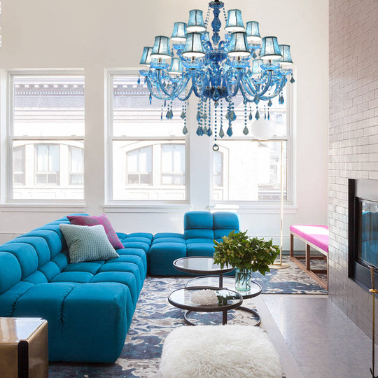 Lustre suspendu en cristal moderne bleu, 6/18 ampoules, design bougie/cloche, 23,5"/37,5" W