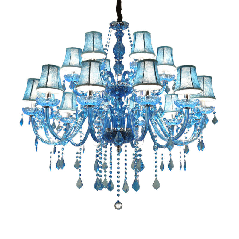 Lustre suspendu en cristal moderne bleu, 6/18 ampoules, design bougie/cloche, 23,5"/37,5" W