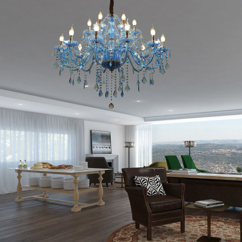 Modern Crystal Pendant Chandelier With Blue Hanging Light - 6/18 Bulbs Candle/Bell Design