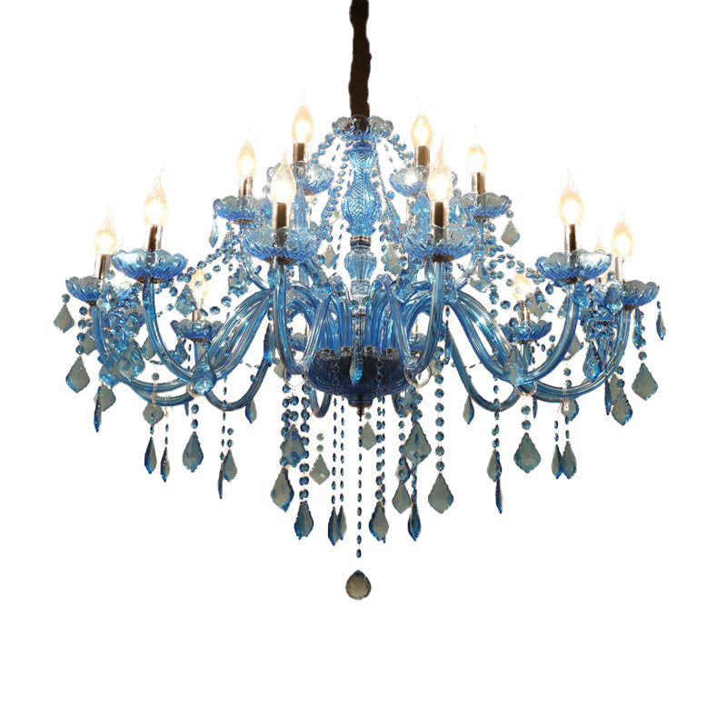 Lustre suspendu en cristal moderne bleu, 6/18 ampoules, design bougie/cloche, 23,5"/37,5" W