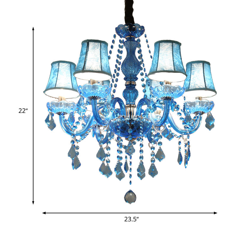 Lustre suspendu en cristal moderne bleu, 6/18 ampoules, design bougie/cloche, 23,5"/37,5" W