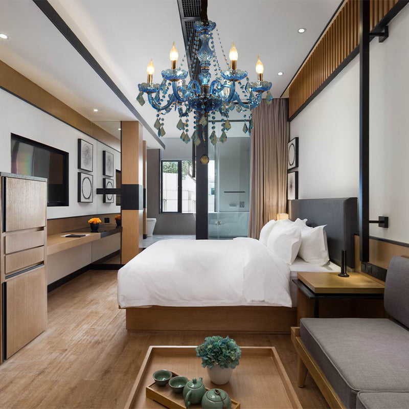 Lustre suspendu en cristal moderne bleu, 6/18 ampoules, design bougie/cloche, 23,5"/37,5" W