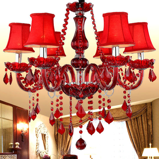 Red Modernist Flared Chandelier: K9 Crystal, 6 Bulbs, Living Room Pendant