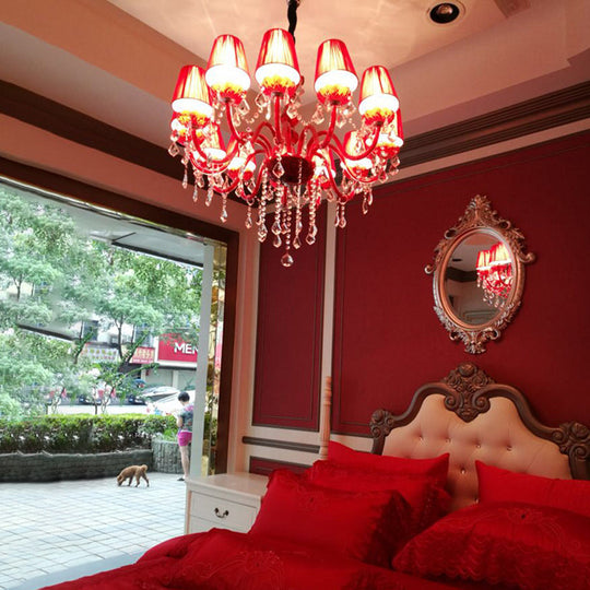 Red Modernist Flared Chandelier: K9 Crystal, 6 Bulbs, Living Room Pendant