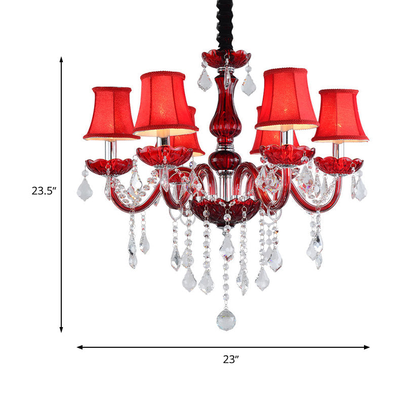 Red Modernist Flared Chandelier: K9 Crystal, 6 Bulbs, Living Room Pendant