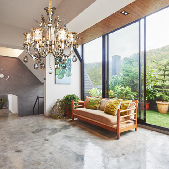 Amber Pendant Chandelier Light with Floral Clear Glass Shade - Modern Living Room Fixture, 6/8-Bulb, 23.5"/27.5" Width