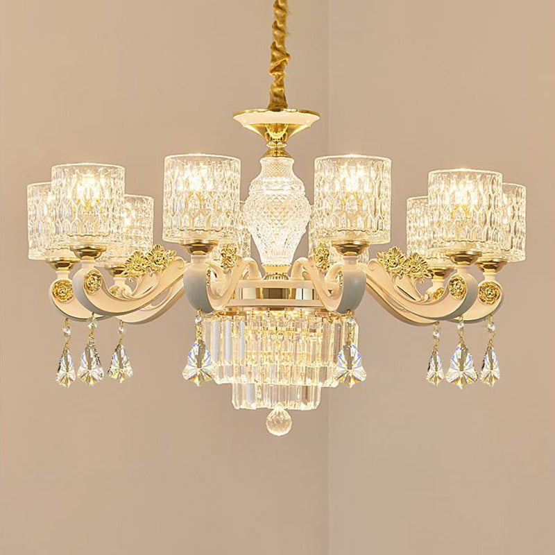 Brushed Brass Pendant Light Kit - Postmodern Glass Cylinder Design with 10 Dimpled Heads