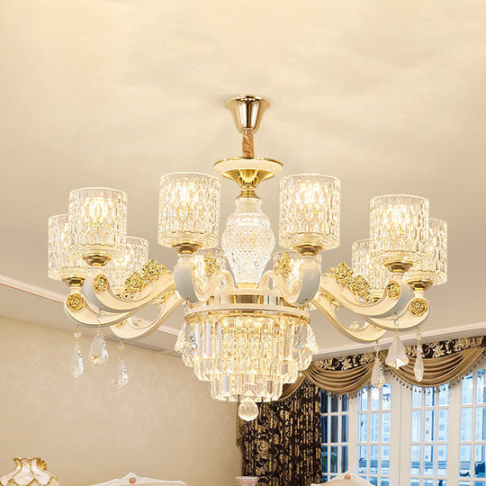 Brushed Brass Pendant Light Kit - Postmodern Glass Cylinder Design with 10 Dimpled Heads