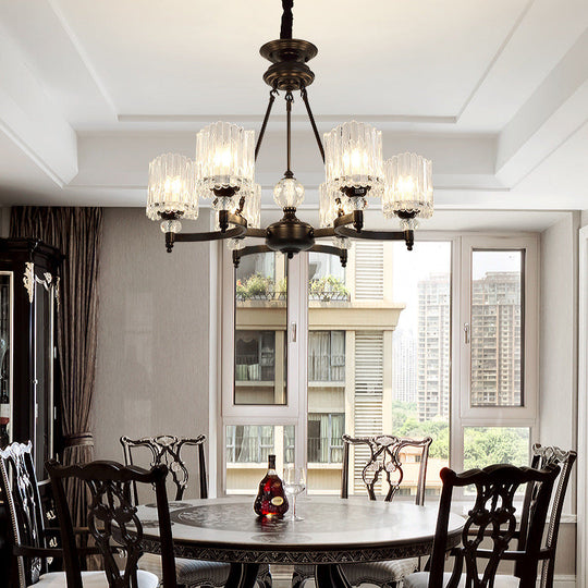 Contemporary Black Cylinder Suspension Lighting with Crystal Rods - 6/8/10 Heads Hanging Lamp Kit, 28"/34.5"/42.5" Wide