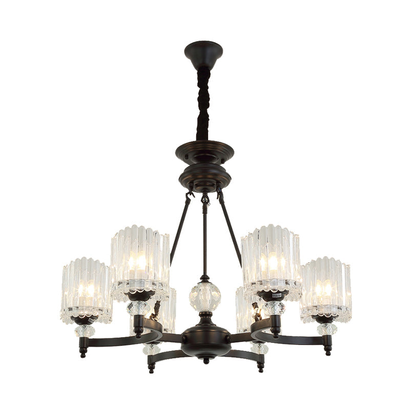 Contemporary Black Cylinder Suspension Lighting with Crystal Rods - 6/8/10 Heads Hanging Lamp Kit, 28"/34.5"/42.5" Wide