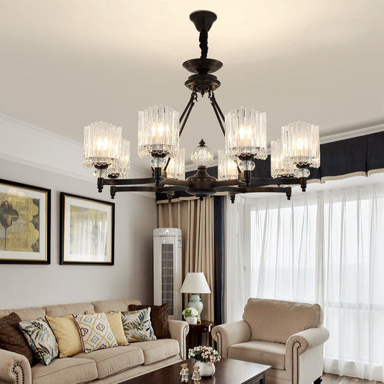 Contemporary Black Cylinder Suspension Lighting with Crystal Rods - 6/8/10 Heads Hanging Lamp Kit, 28"/34.5"/42.5" Wide